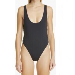 Stella McCartney NWT Black Falabella Chain Trim High-Leg One-Piece Swimsuit L